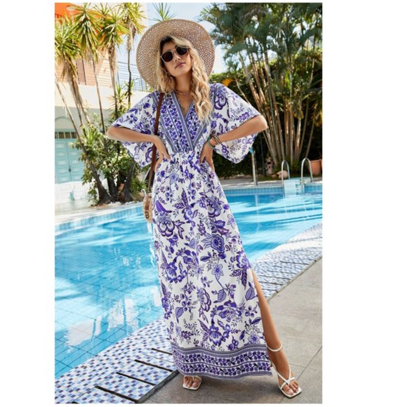 Bohemian Dolman Sleeve Side Slit Maxi Dress - Picture 2 of 5